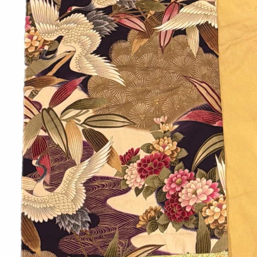 Japanese Table Runner Crane Peony Floral Gold Metallic Purple 70x12
